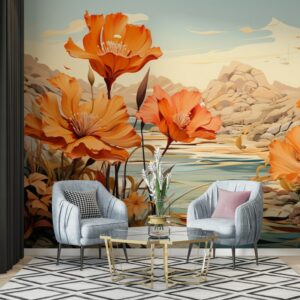 Floral watercolor summer poster with tropical leaves Fabric Wallpaper Covers an area ​​up to 4.2mX3m with adhesive  and smoothing tool