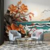 Floral watercolor summer poster with tropical leaves Fabric Wallpaper Covers an area ​​up to 4.2mX3m with adhesive  and smoothing tool