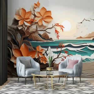 Floral watercolor summer poster with tropical leaves Fabric Wallpaper Covers an area ​​up to 4.2mX3m with adhesive  and smoothing tool