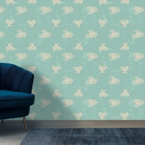 White flowers with cyan background Fabric Wallpaper Covers an area ​​up to 4.2mX3m with adhesive  and smoothing tool