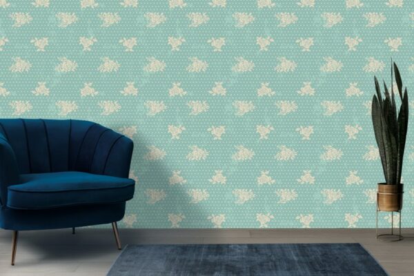White flowers with cyan background Fabric Wallpaper Covers an area ​​up to 4.2mX3m with adhesive  and smoothing tool