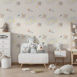 Cute pastel galaxy space pattern Fabric Wallpaper Covers an area ​​up to 4.2mX3m with adhesive  and smoothing tool