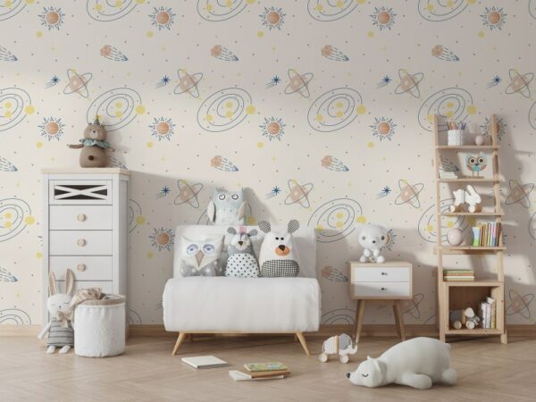 Cute pastel galaxy space pattern Fabric Wallpaper Covers an area ​​up to 4.2mX3m with adhesive  and smoothing tool