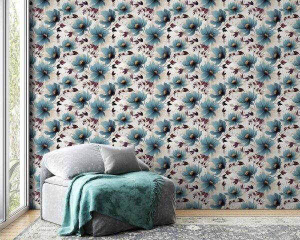 Blue Wild flowers watercolor Fabric Wallpaper Covers an area ​​up to 4.2mX3m with adhesive  and smoothing tool