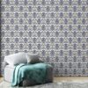 A blue and white damask pattern with swirls and leaves. Fabric Wallpaper Covers an area ​​up to 4.2mX3m with adhesive  and smoothing tool