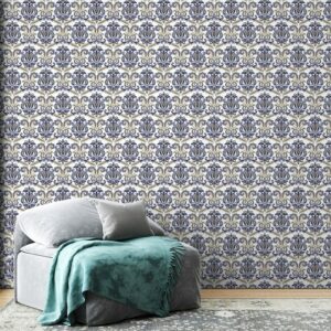 A blue and white damask pattern with swirls and leaves. Fabric Wallpaper Covers an area ​​up to 4.2mX3m with adhesive  and smoothing tool