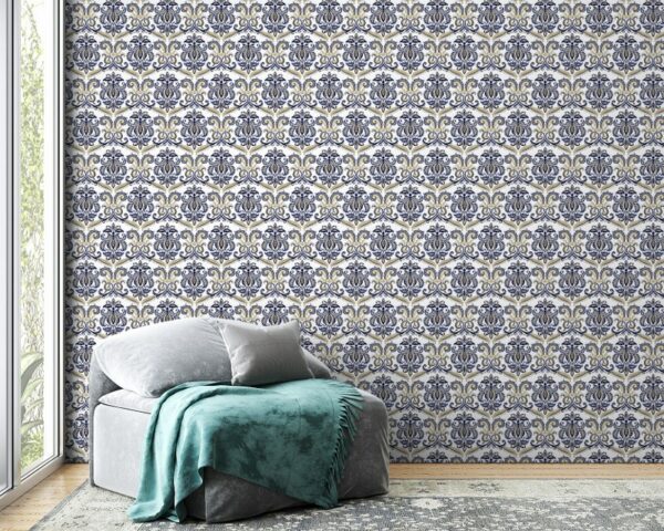 A blue and white damask pattern with swirls and leaves. Fabric Wallpaper Covers an area ​​up to 4.2mX3m with adhesive  and smoothing tool
