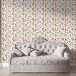 illustration of trendy floral vintage style flowers background Fabric Wallpaper Covers an area ​​up to 4.2mX3m with adhesive  and smoothing tool