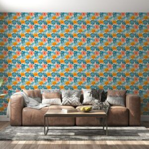 Illustration of a tropical flower pattern seamless repeating pattern Fabric Wallpaper Covers an area ​​up to 4.2mX3m with adhesive  and smoothing tool