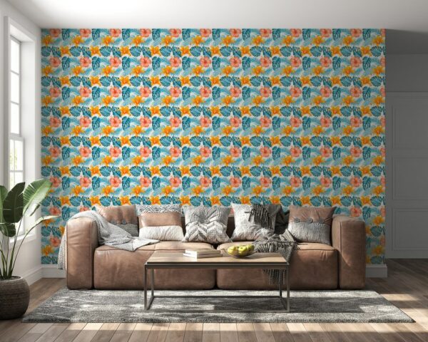 Illustration of a tropical flower pattern seamless repeating pattern Fabric Wallpaper Covers an area ​​up to 4.2mX3m with adhesive  and smoothing tool