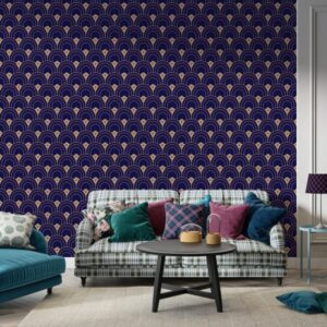Pattern navy blue ornament luxury Fabric Wallpaper Covers an area ​​up to 4.2mX3m with adhesive  and smoothing tool