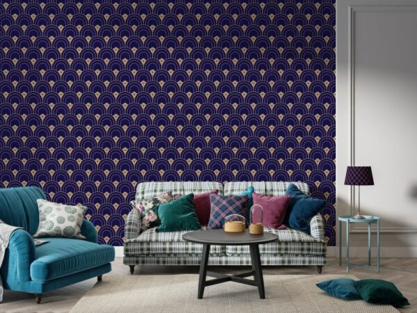Pattern navy blue ornament luxury Fabric Wallpaper Covers an area ​​up to 4.2mX3m with adhesive  and smoothing tool