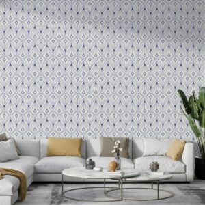 Cream and Blue Fan Geometric Fabric Wallpaper Covers an area ​​up to 4.2mX3m with adhesive  and smoothing tool