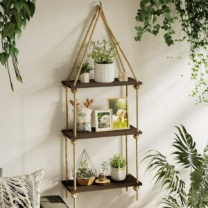 Floating Wall Swing Rope Storage Shelves Brown 3 shelves