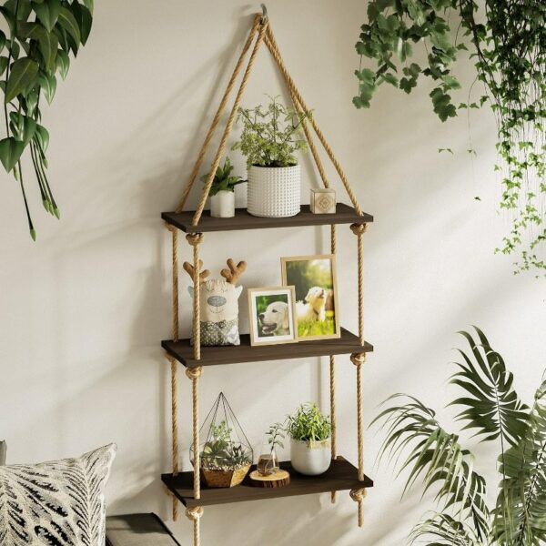 Floating Wall Swing Rope Storage Shelves Brown 3 shelves