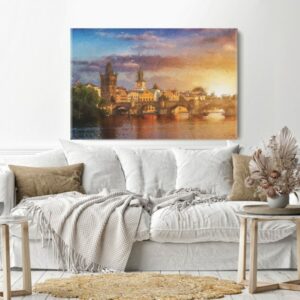 Landscape with Charles Bridge reflected in river Canvas Wall Art