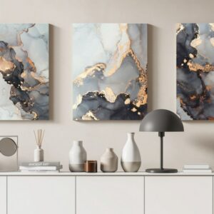 Set of 3 Grey Golden Art Marble Texture Abstract