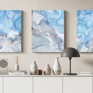Set of 3 Blue and silver marble abstract textures