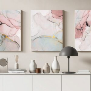 Set of 3 Pink Marble Canvas Wall Art Gold