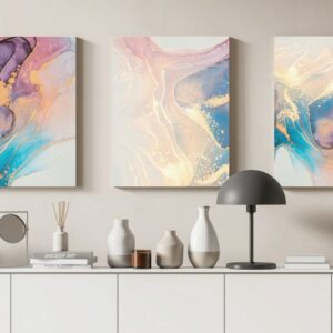 Set of 3 of Abstract Wall Art Canvas Pink Blue Gold Marble