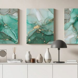 Set of 3 of Abstract Green and Gold Marble Texture