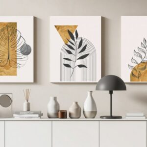 Set of 3 of Gold Botanical With Earth boho line art drawing with abstract shape