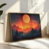 A forest with a full moon and a mountain landscape Print Framed Wall Art