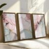 Set of 3 Pink Marble Canvas Wall Art Gold Framed Wall Art