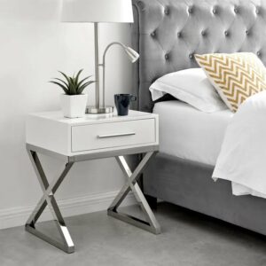 Chrome Metal Bedside Table 1 Drawer Modern Minimalist Design